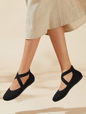 Black Ballerina Flats with Cross Ankle Straps Soft Knit/Elastic Size 11